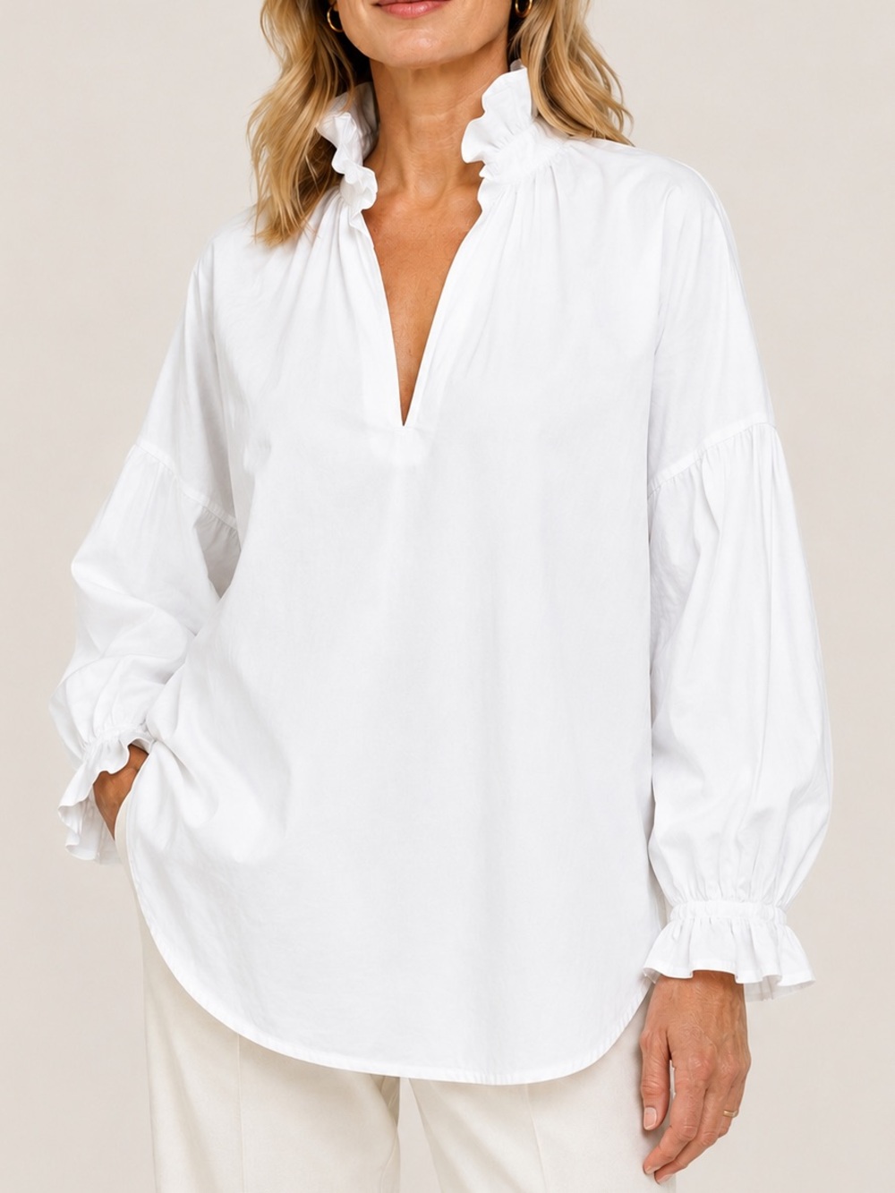 A Shirt Thing White Cotton Ruffle Collar Oversized Blouse M